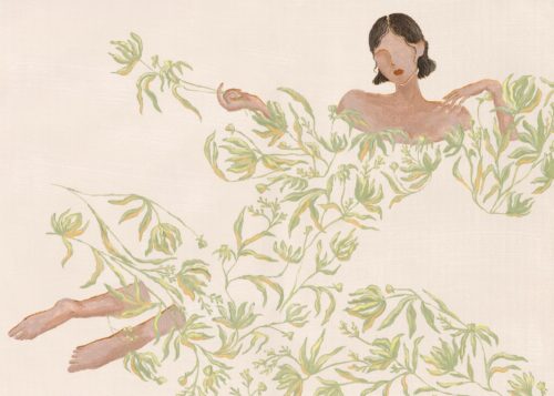 Lady in Green Floral Dress Print