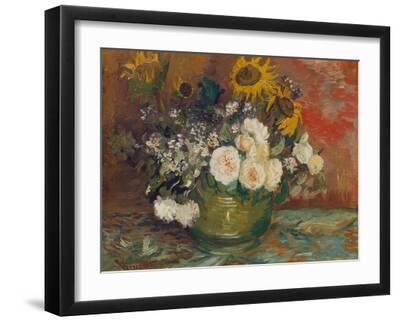 Sunflowers, Roses and Other Flowers in a Bowl, 1886 - Black Framed Art Print Wall Art, 16x12